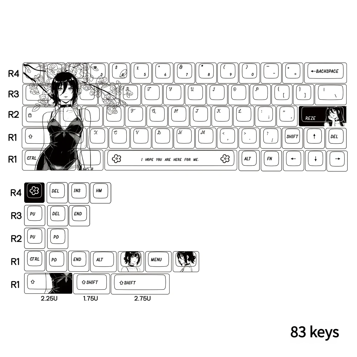 Close-up of Reze keycap design with spring anime aesthetic