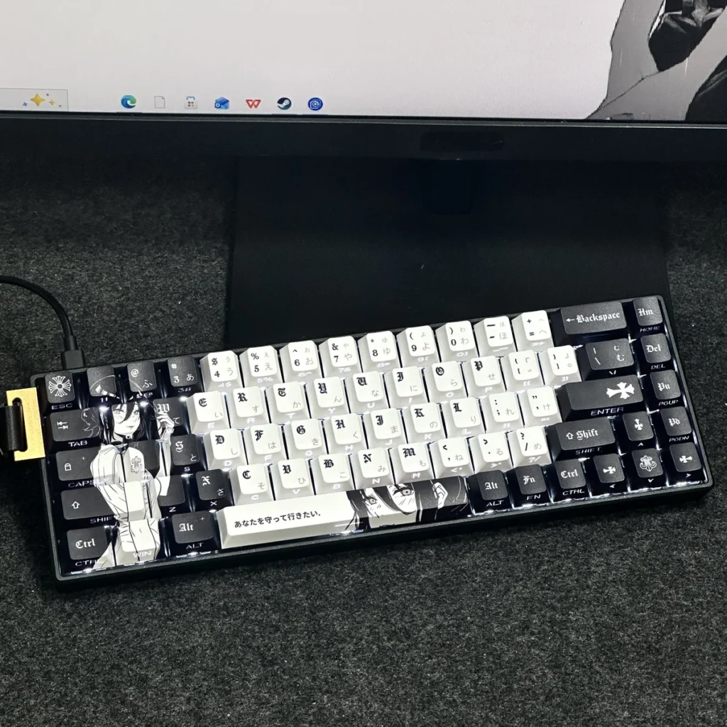 Chainsaw Man Reze Chrome Hearts PBT Keycap Set on a mechanical keyboard with side lighting