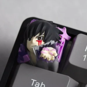 Sasuke Uchiha backlit resin keycap glowing on a mechanical keyboard