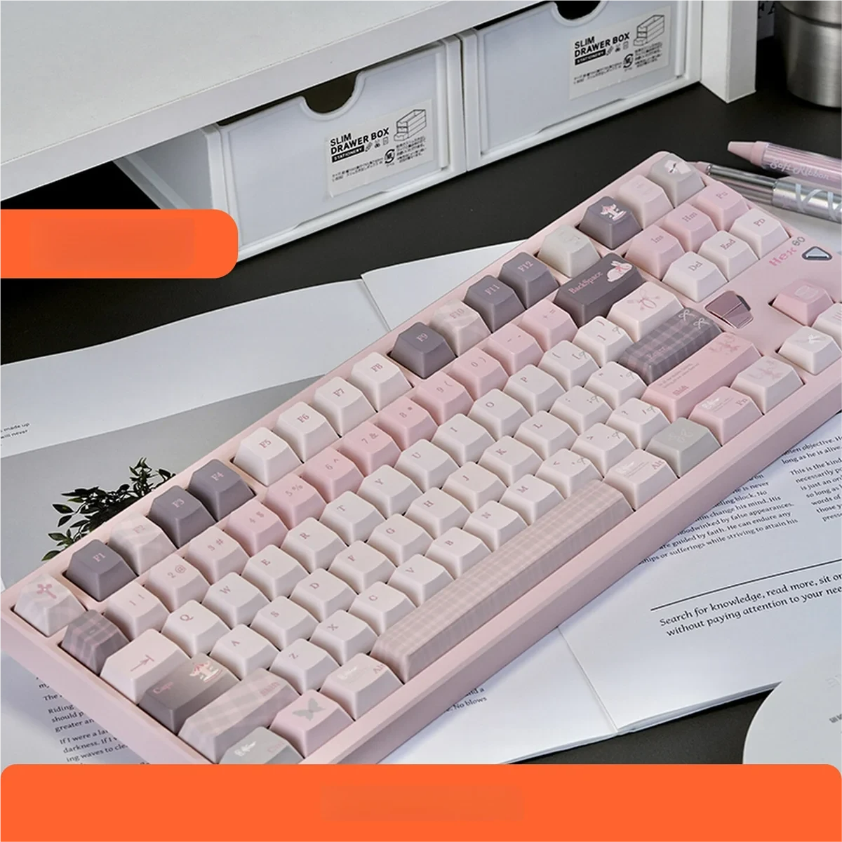 Gentle World Pink Keycap Set with serene desktop aesthetic