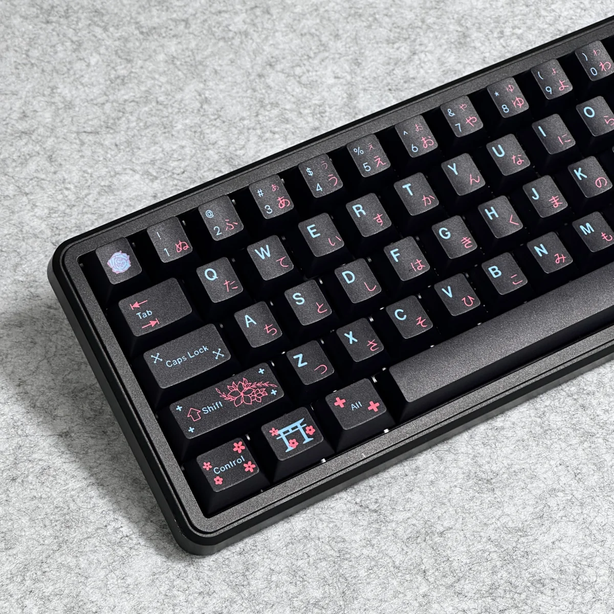 Close-up of crisp Kanji legends on Serene Japanese keycaps