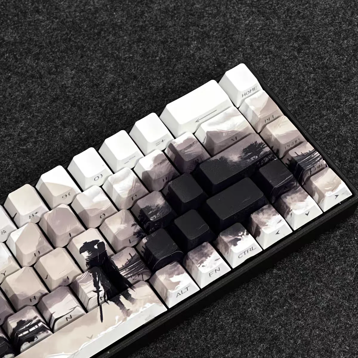 Close-up of Shadow PBT keycaps showing subtle side legends and Cherry profile
