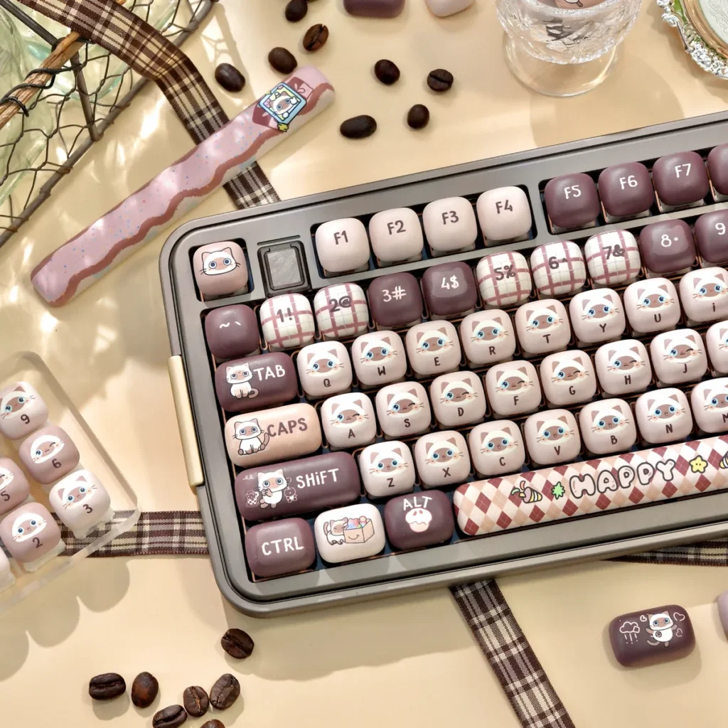 Full layout of the Siamese Cat Keycap Set on a white mechanical keyboard base