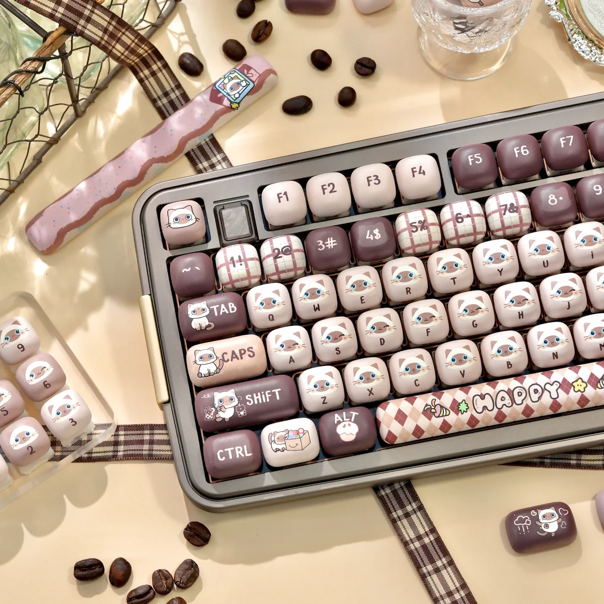 Full layout of the Siamese Cat Keycap Set on a white mechanical keyboard base