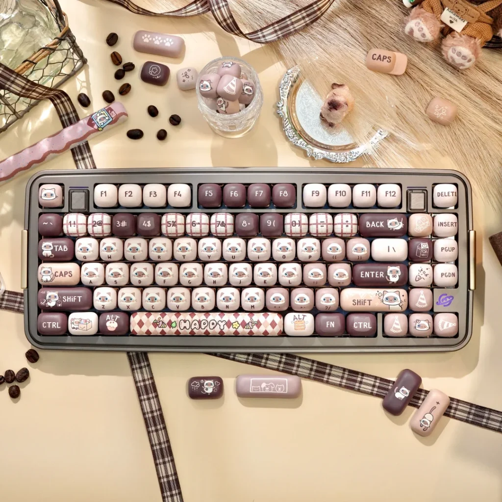 Adorable Siamese cat themed keycap set with MOG profile on a mechanical keyboard