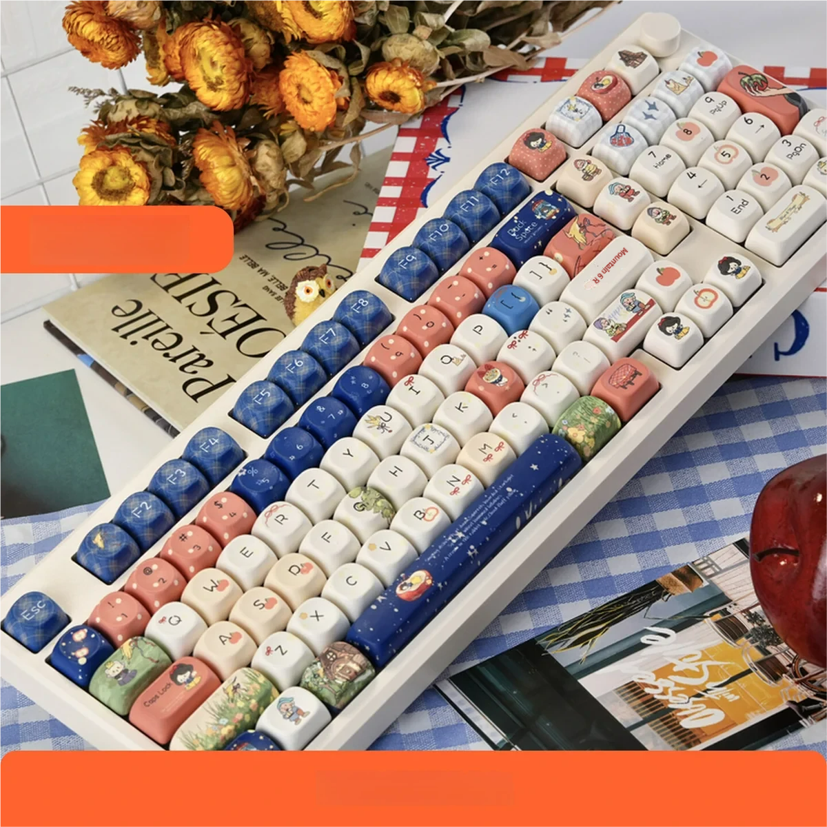 Detailed shot of iconic Snow White character keycaps, featuring whimsical storybook designs.