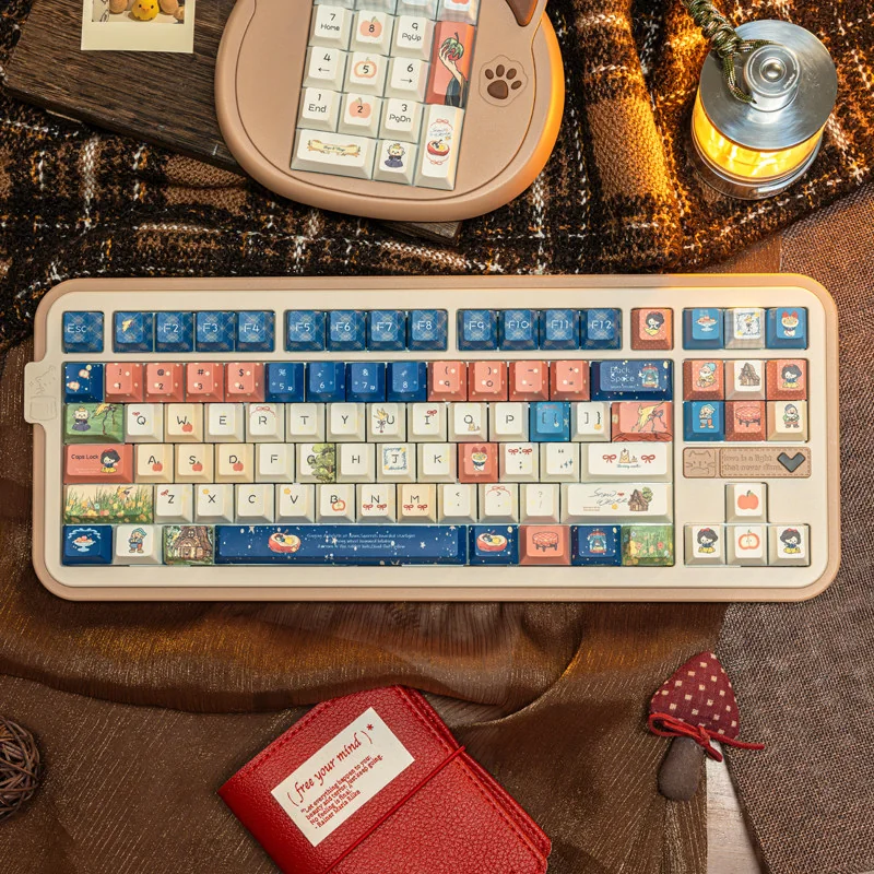 Full layout of Snow White Keycap Set on a white mechanical keyboard, showcasing all 130 PBT dye-sub keycaps.