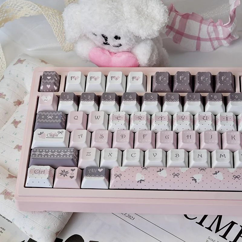 Side view of Strawberry Rabbit keycaps, demonstrating their ergonomic Cherry profile