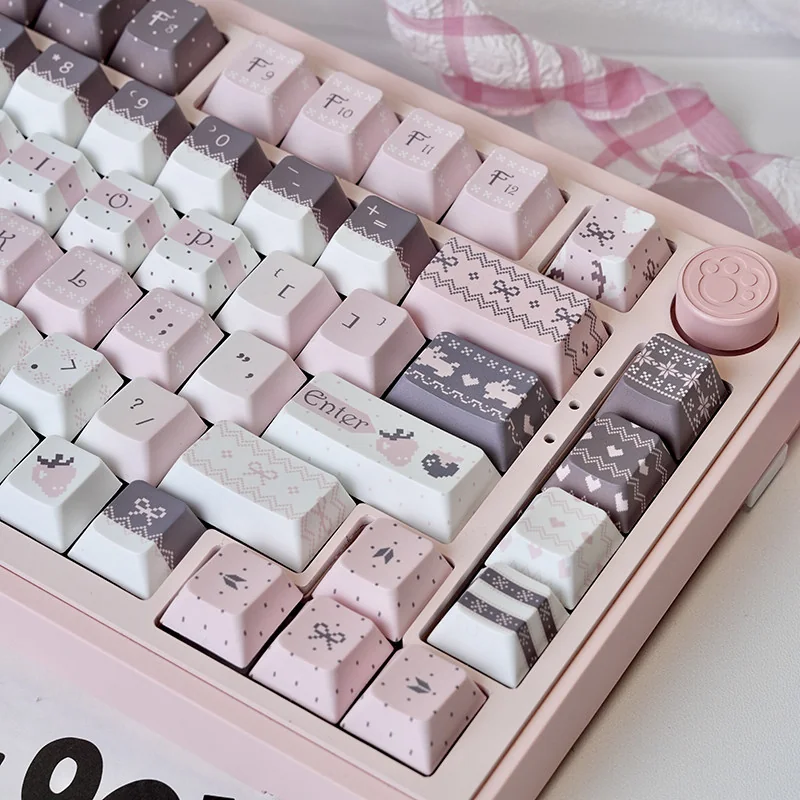 An array of Strawberry Rabbit keycaps arranged to show compatibility with various standard ANSI keyboard layouts