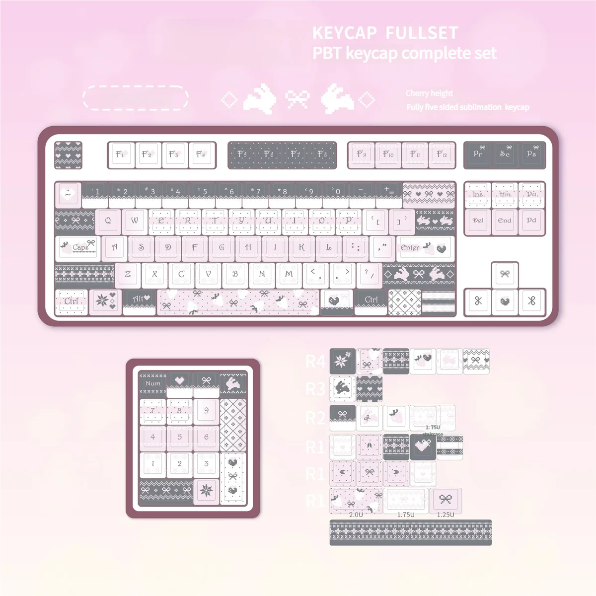 Lifestyle image of the Strawberry Rabbit keycap set on a desk with complementary cute and whimsical accessories