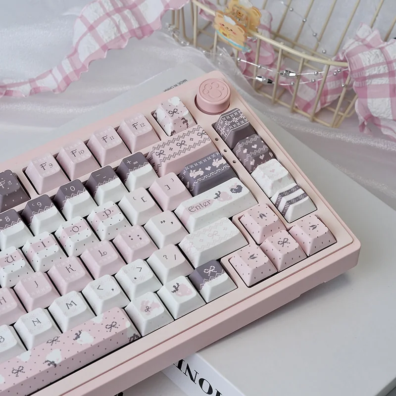 Texture shot of PBT Strawberry Rabbit keycaps, emphasizing the durable and non-shiny finish