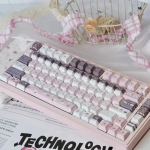 Strawberry Rabbit PBT Dye-sub Keycap Set installed on a mechanical keyboard, showcasing whimsical pastel design