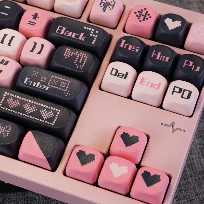 Detail shot of Sweetheart themed keycaps, emphasizing the black and pink color scheme