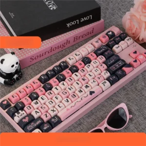 Sweetheart Black Pink PBT Keycap Set on a white keyboard, featuring a romantic theme