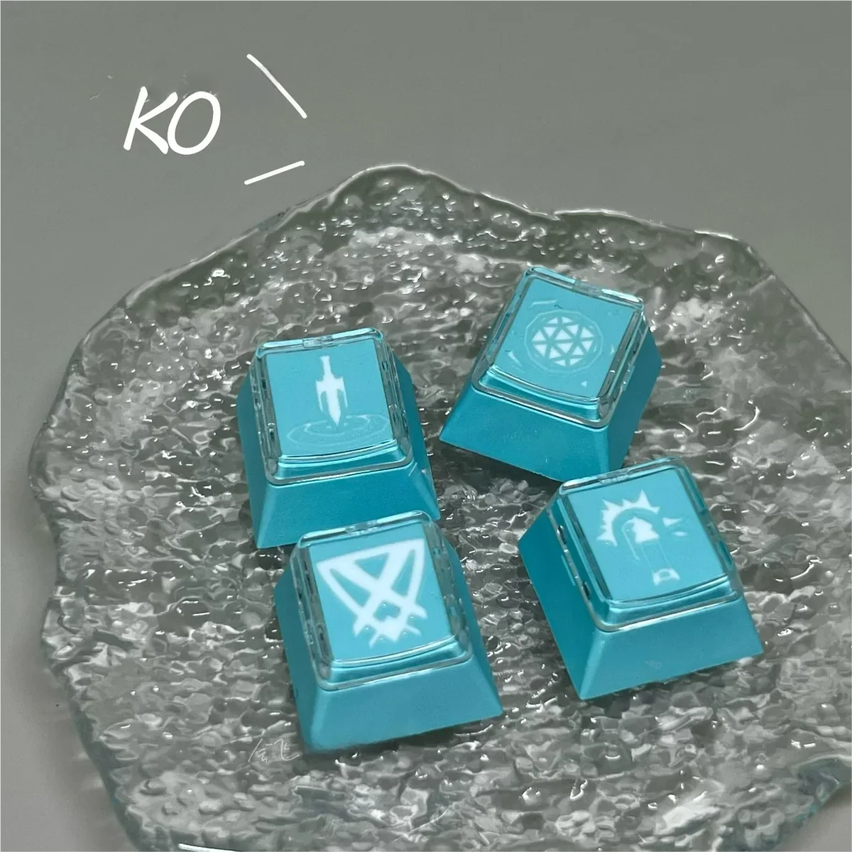 Close-up of Valorant Kay/O Skill Keycaps Handmade translucent highlighting details and finish