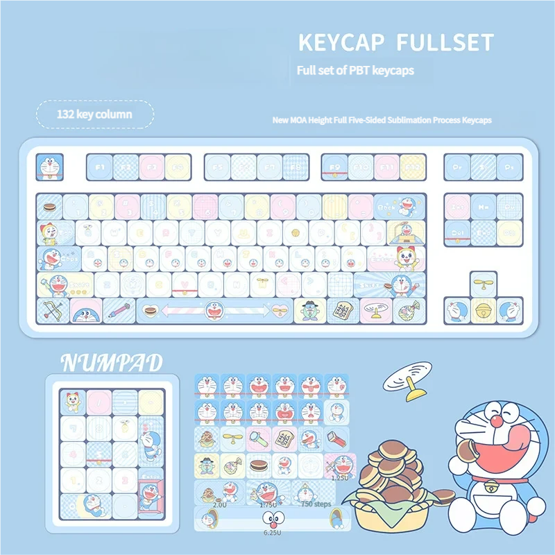 Detailed shot of specific Doraemon character keycaps, showcasing the vibrant colors and detailed artwork.