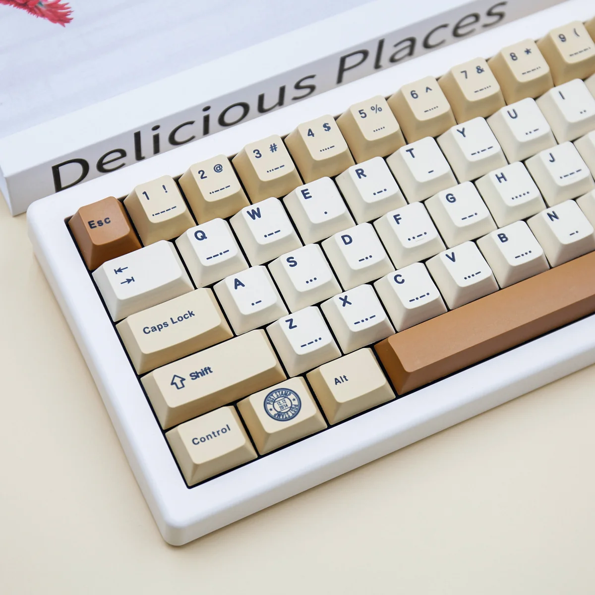 Close-up of Vintage Stamp Cherry Keycap Unique stamp-themed highlighting details and finish