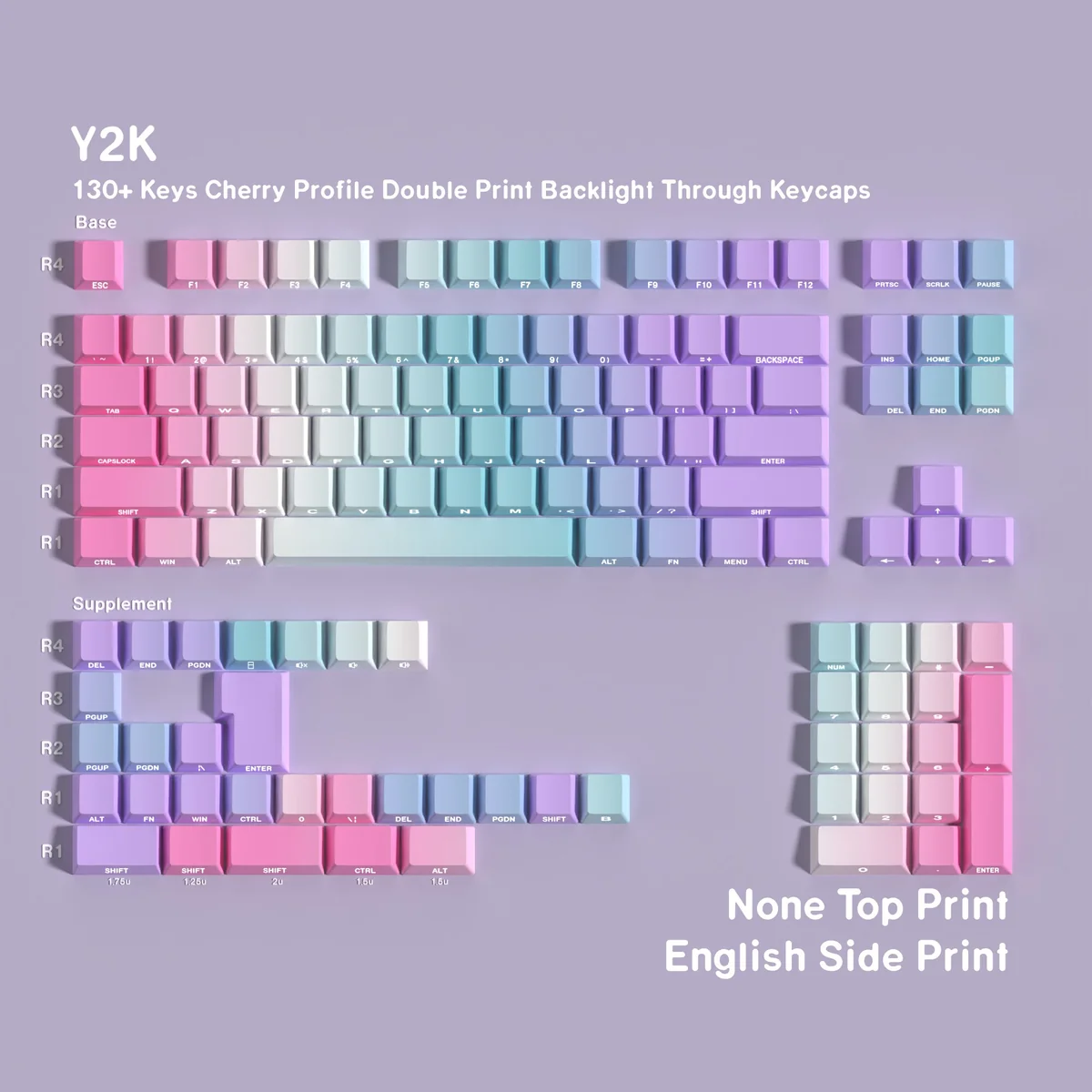 Angle view of Y2K Cherry Keycap Set Vibrant Y2K PBT Keycaps for showing color layering and layout presence