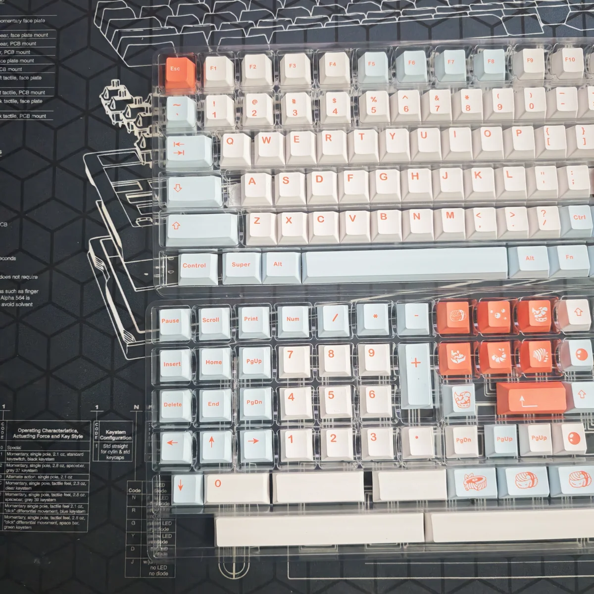 Artistic overview of Cherry profile keycaps with oceanic salmon design