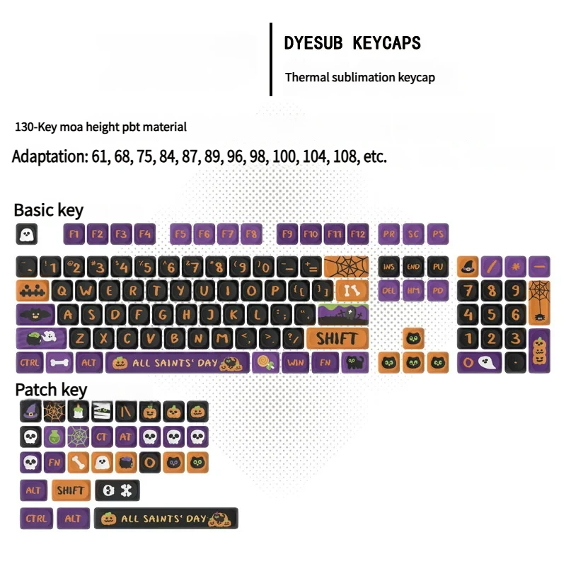 Various Halloween MOA keycaps scattered, emphasizing the rich color contrast and playful spooky design elements.