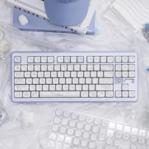Close-up of Bunny Dessert MOA keycaps on a white mechanical keyboard, showcasing whimsical bunny and sweet treat designs.