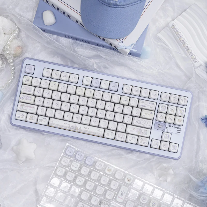 Bunny Dessert keycaps integrated into a pastel-themed desk setup, featuring a matching desk mat and accessories for a cohesive look.