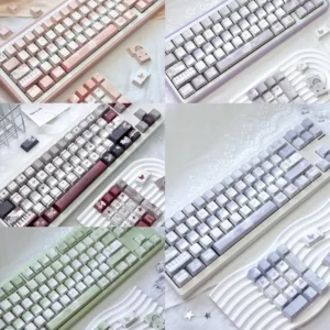 Broken Window Butterfly PBT Keycap Set on mechanical keyboard, side-lit legends glowing purple.