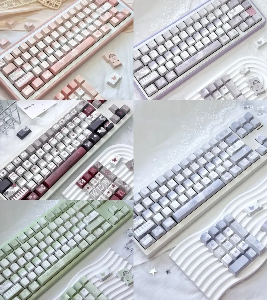 Broken Window Butterfly PBT Keycap Set on mechanical keyboard, side-lit legends glowing purple.