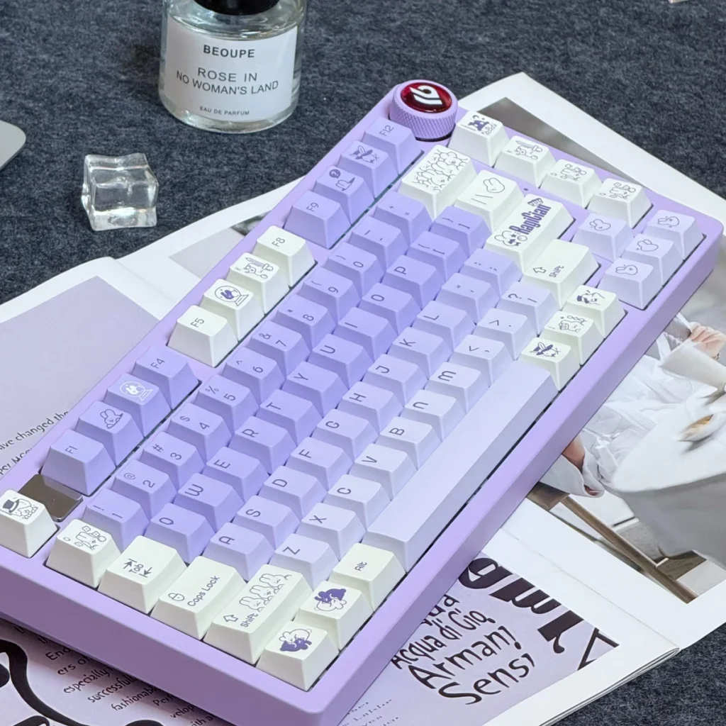 C Rabbit PBT Dye-Sub Keycap Set on a white mechanical keyboard, showcasing whimsical rabbit designs