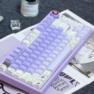 C Rabbit PBT Dye-Sub Keycap Set on a white mechanical keyboard, showcasing whimsical rabbit designs