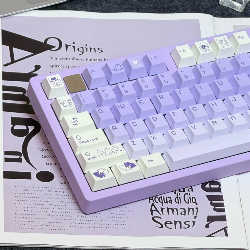Close-up of C Rabbit keycaps highlighting vibrant, fade-resistant dye-sublimated artwork and Cherry profile