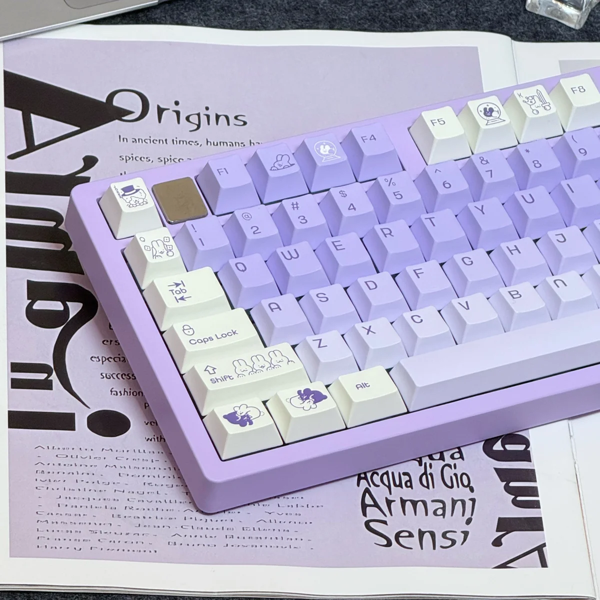 Close-up of C Rabbit keycaps highlighting vibrant, fade-resistant dye-sublimated artwork and Cherry profile