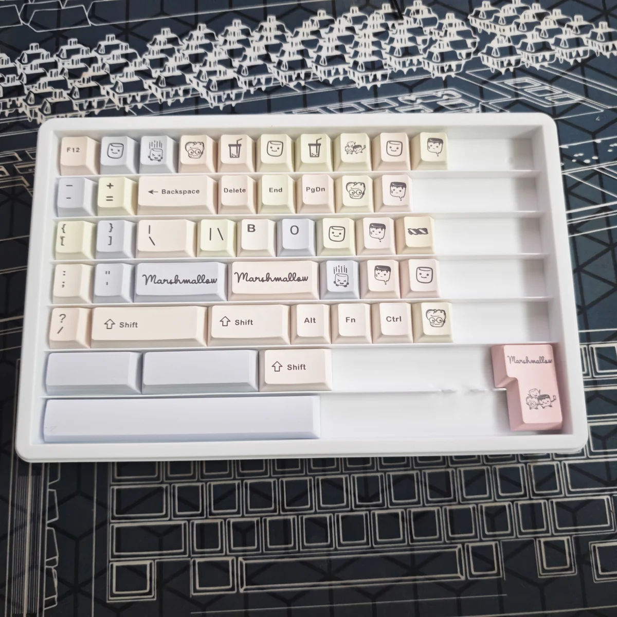 C Sugar Cherry profile keycaps arranged on a desk