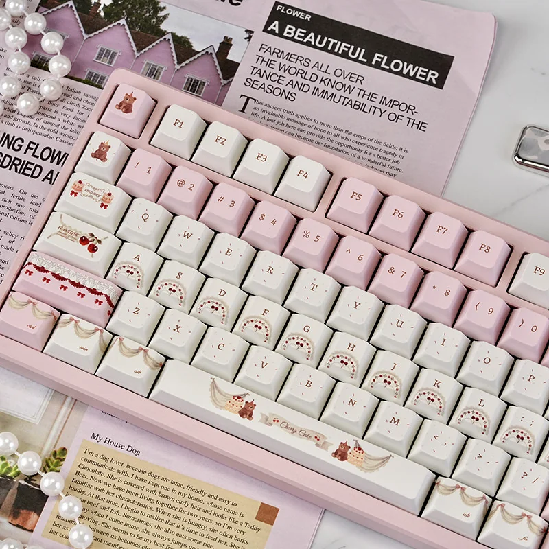 Close-up of Cherry Cake keycaps showing detailed cherry and cake motifs