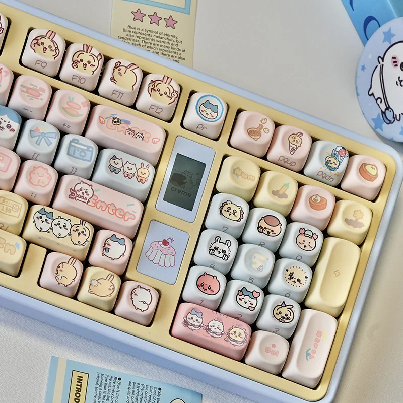Detail shot of Chiikawa character legends on PBT keycaps