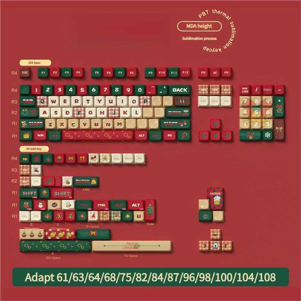 Mechanical keyboard illuminated with warm RGB lighting, featuring Christmas Night keycaps.