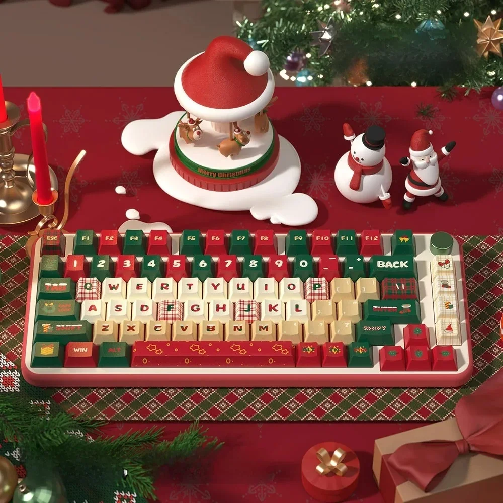 Christmas Night PBT keycap set installed on a mechanical keyboard, showcasing festive designs.