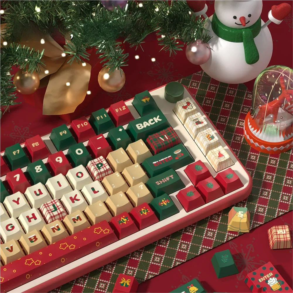 Detail shot of a specific Christmas-themed keycap, like a reindeer or Santa hat.