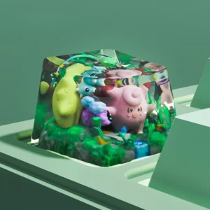 Handcrafted Clefairy artisan keycap made from transparent resin on a mechanical keyboard