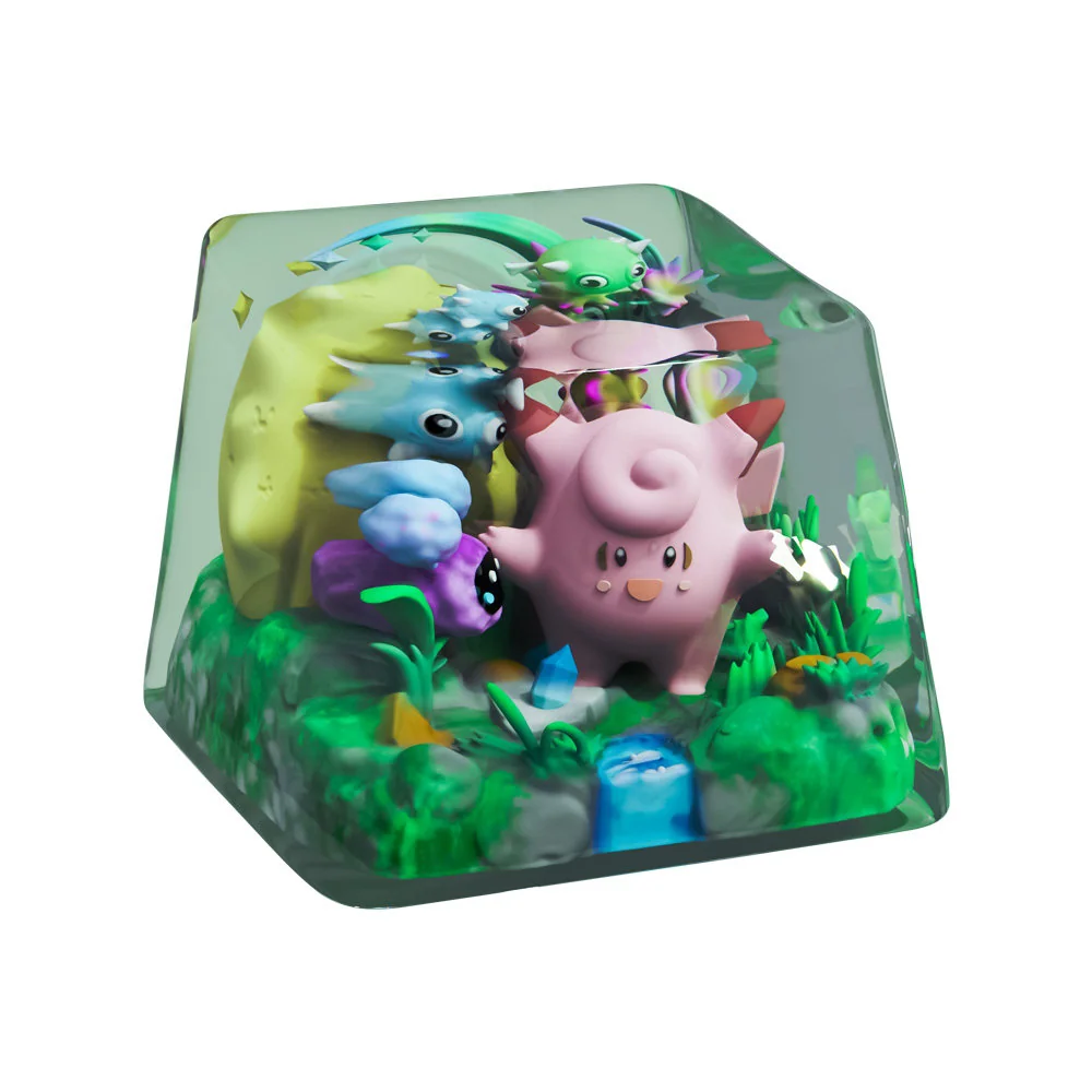 Close-up of a whimsical transparent Clefairy keycap showcasing intricate details and pastel colors