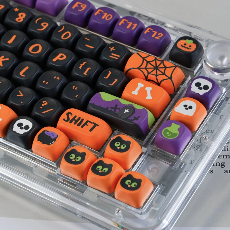 Overhead shot of the 130-key Halloween MOA Keycap Set, arranged to show full layout compatibility and uniform profile.