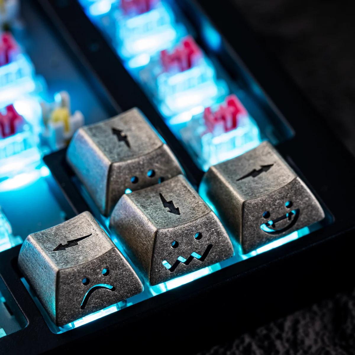 Artisan copper alloy lightning keycap showcasing its industrial-artisan design from above