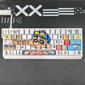 Crayon Shin-chan PBT Dye-Sub Keycap Set with side-printed backlit characters on a mechanical keyboard