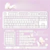 Aesthetic desk setup with Sweet Strawberry Milkshake keycaps and pink accessories