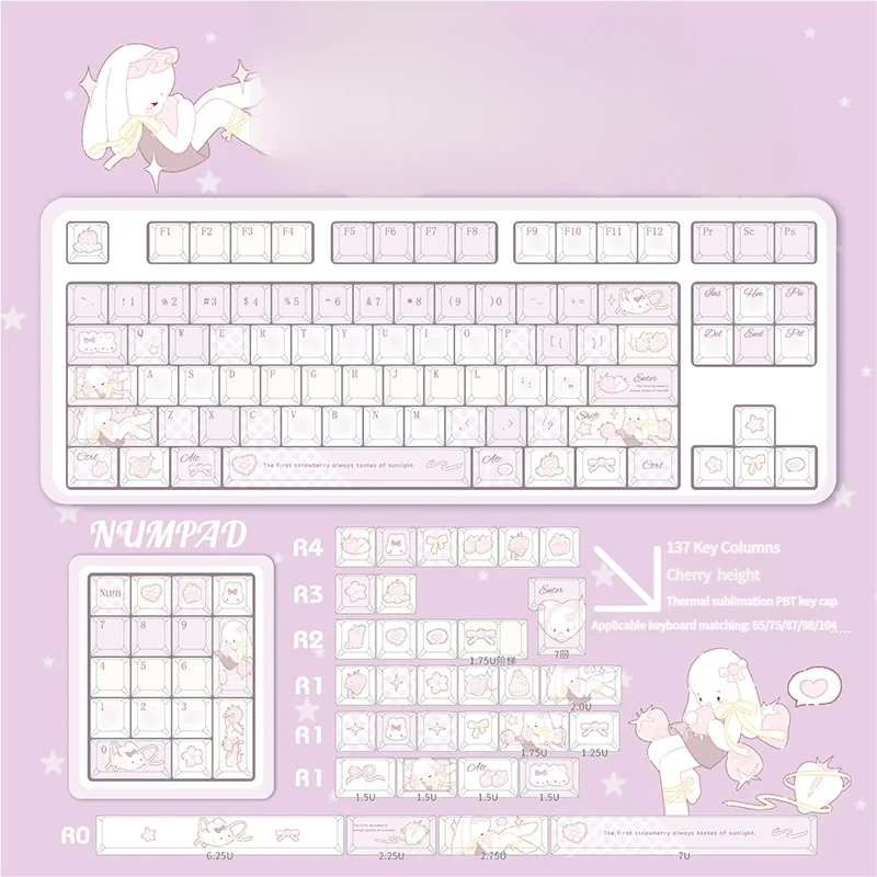Aesthetic desk setup with Sweet Strawberry Milkshake keycaps and pink accessories