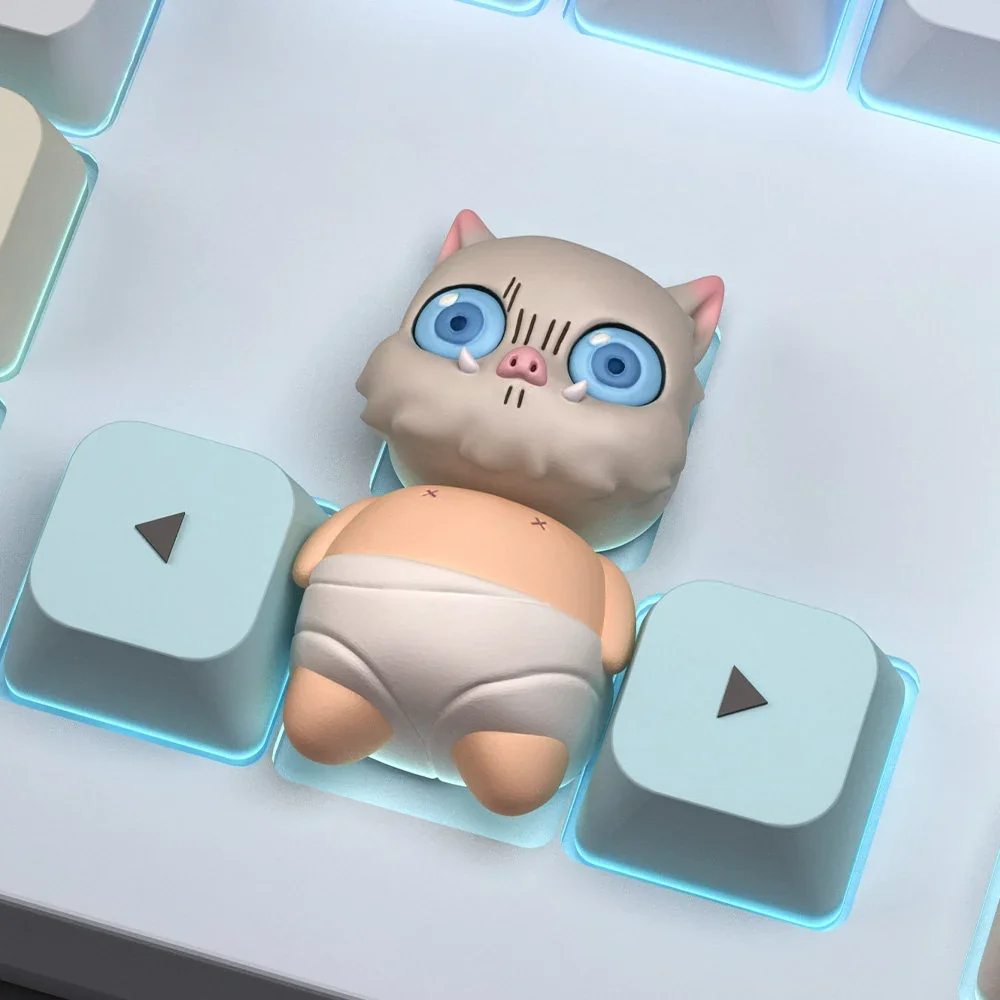 Inosuke Hashibira custom keycap from Demon Slayer, mounted on an MX-style switch, showing vibrant hand-painted details.