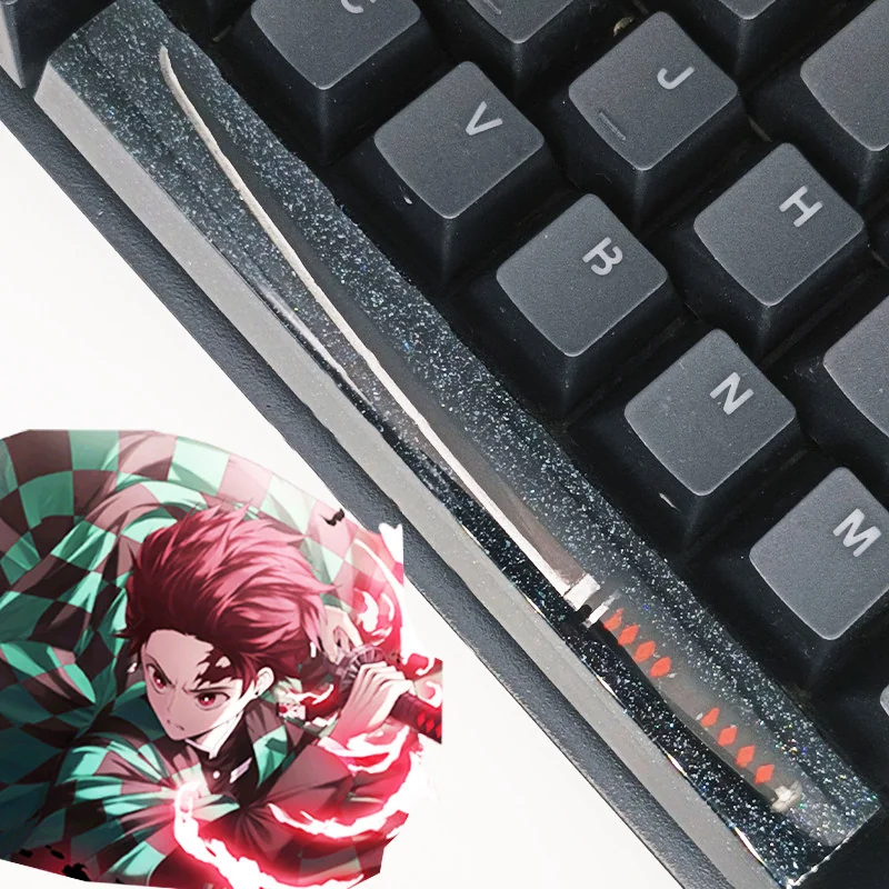 Close-up of Demon Slayer Sanemi Shinazugawa resin keycap with green backlight