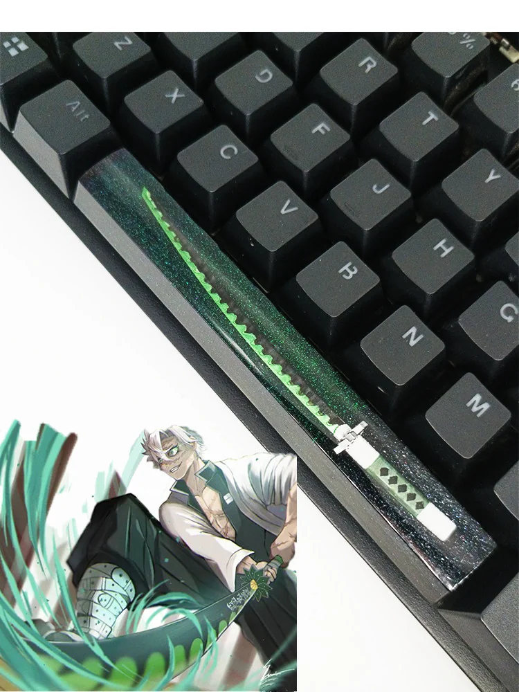 Side profile of Demon Slayer artisan spacebar keycap on a mechanical keyboard