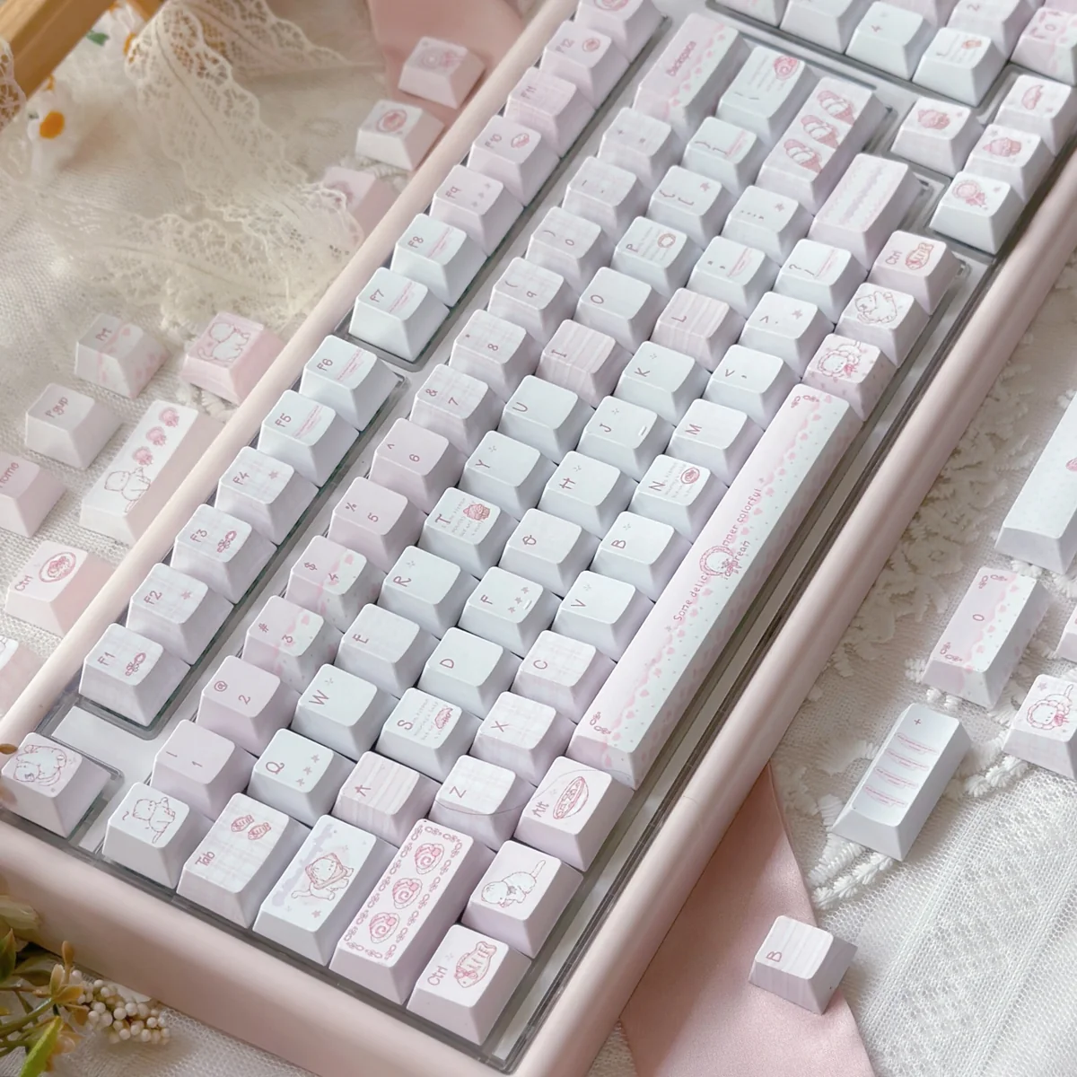 Side view of Dessert Cat Cherry profile keycaps on a keyboard