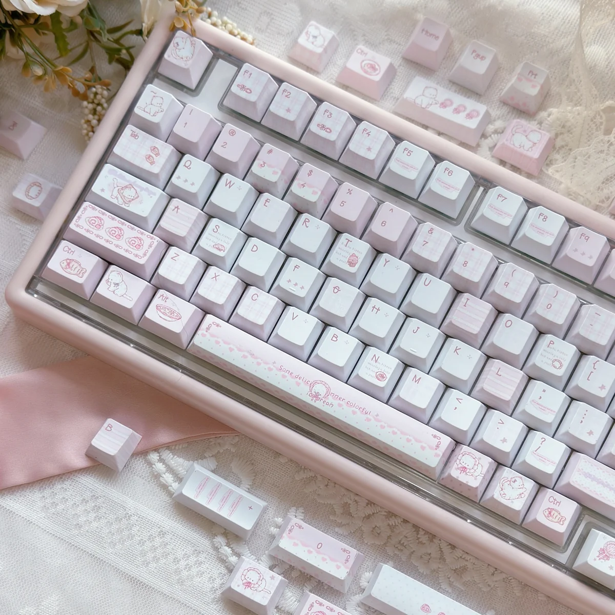 Close-up of dye-sublimated dessert cat legends on PBT keycaps